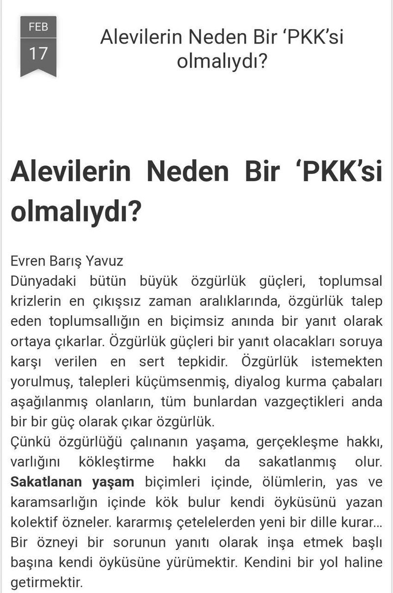 ʺAlevilerin neden bir PKK'sı olmalıydıʺ başlıklı yazI