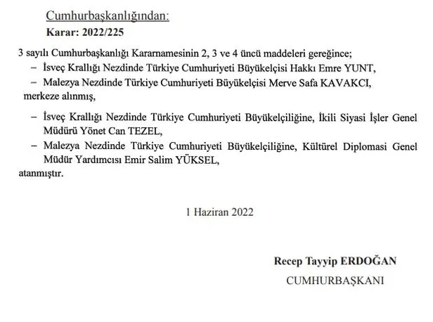 Büyükelçi atamalarına ilişkin karar Başkan Recep Tayyip Erdoğan'ın imzasıyla Resmi Gazete'de yayımlandı-4