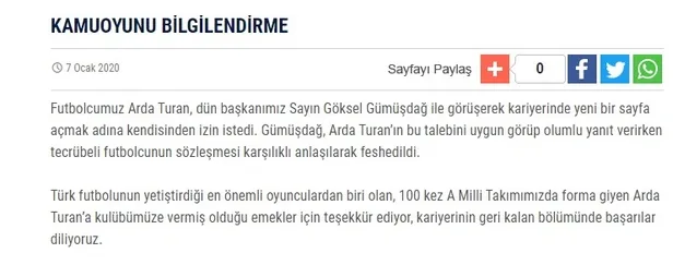 Son dakika haberi... Başakşehir, Arda Turan'ın sözleşmesinin feshedildiğini açıkladı-1