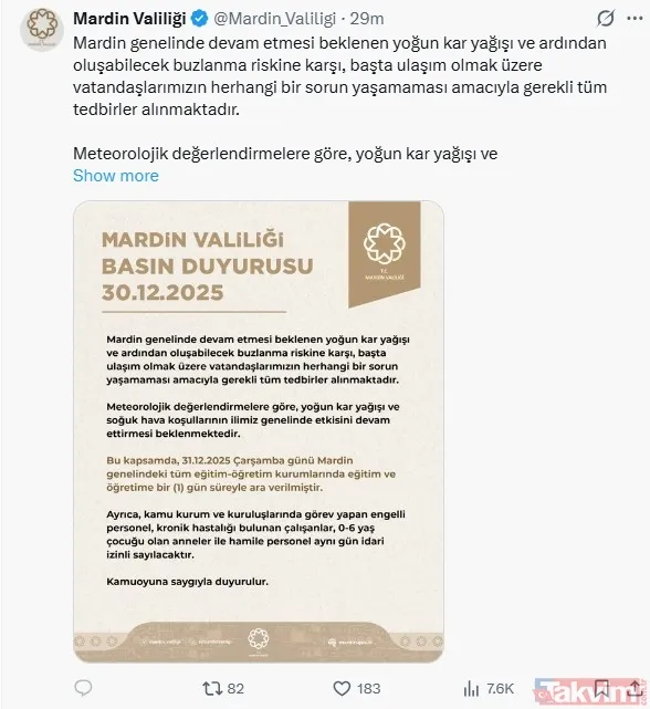 Mardin: İl Genelindeki Tüm Eğitim Kurumlarında Eğitime 1 Gün Ara Verildi. Engelli, Kronik Hastalığı Olanlar, 0-6 Yaş Çocuğu Olan Anneler Ve Hamile Personel...