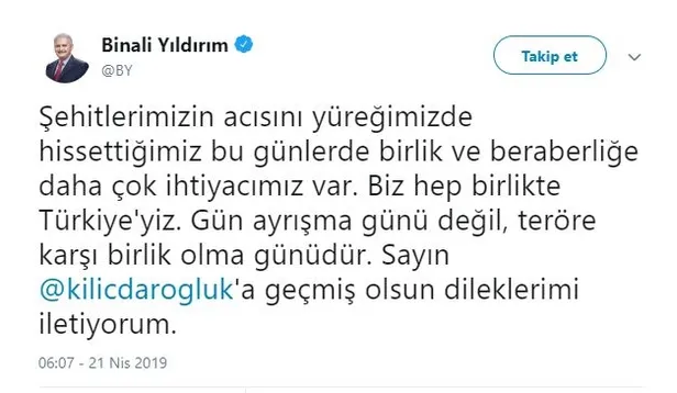 Binali Yıldırım'dan Kılıçdaroğlu'na geçmiş olsun mesajı-1