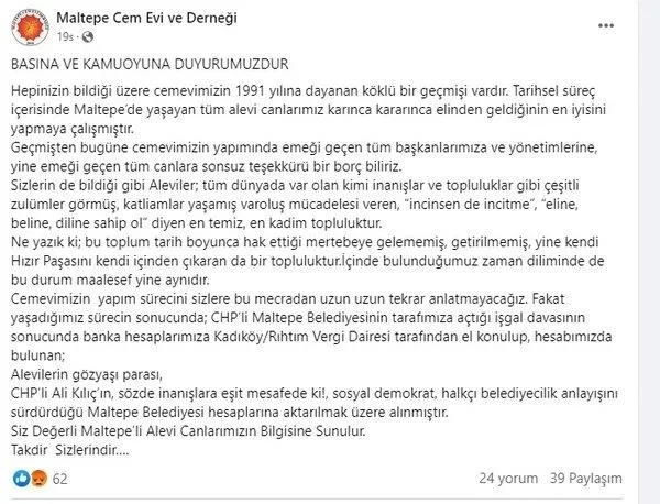 CHP’li Maltepe Belediyesi 32 yıllık Cemevinin banka hesabına el koydu-3