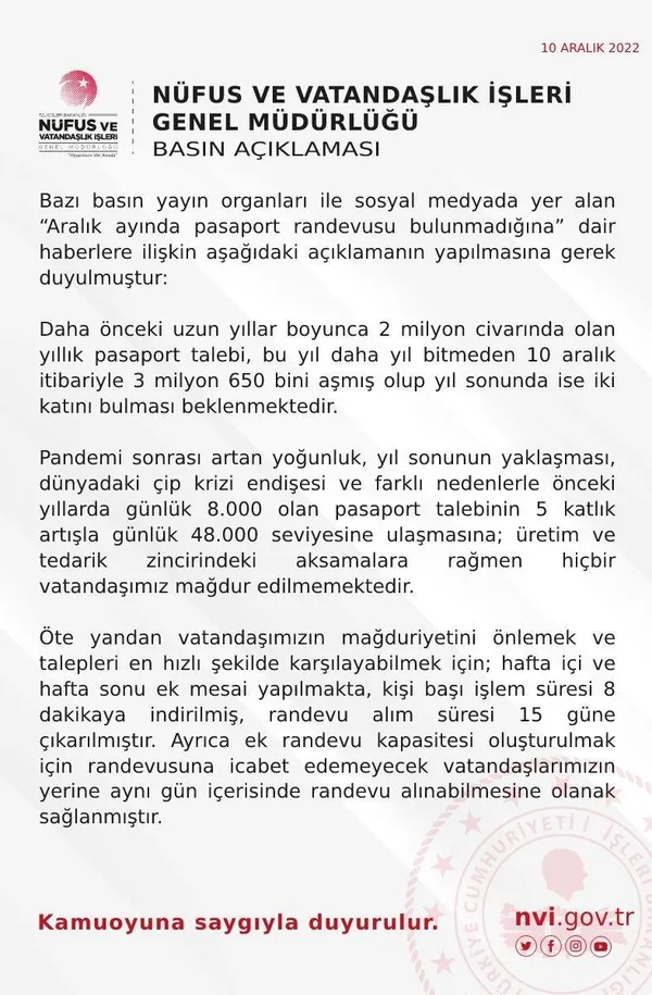 Nüfus ve Vatandaşlık İşleri Genel Müdürlüğünden "Pasaport randevusu bulunmuyor" iddialarına cevap: "Randevu alım süresi 15 güne çıkarıldı"-3
