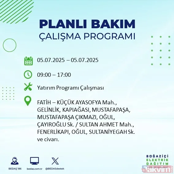 ↪5 Temmuz Cumartesi İstanbul Elektrik Kesintisi