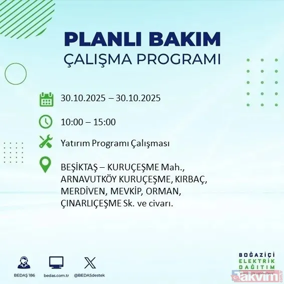 30 Ekim 2025 İstanbul'da elektrik kesintisi yaşanacak ilçeler