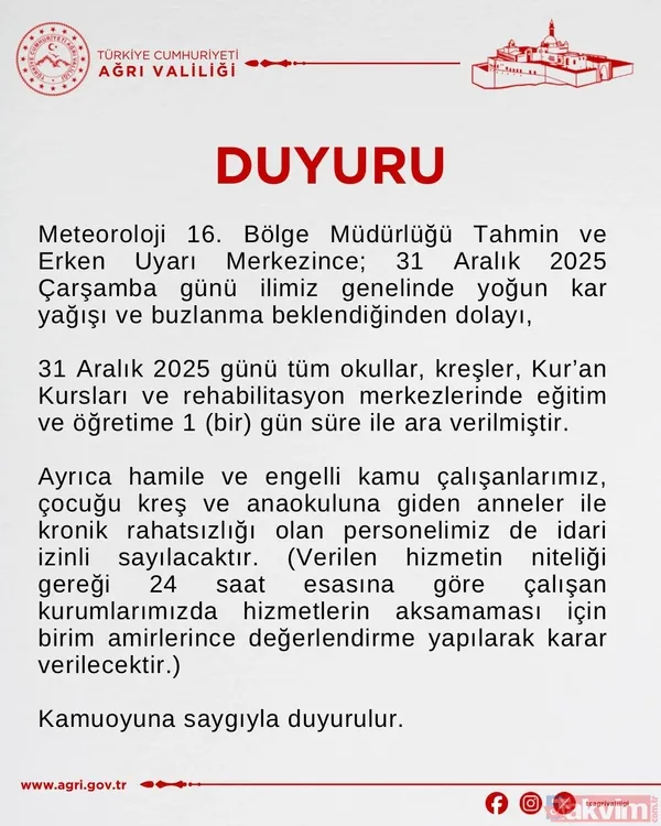 Ağrı Valiliği, İl Genelinde Beklenen Yoğun Kar Yağışı Ve Buzlanma Nedeniyle Eğitime 1 Gün Süreyle Ara Verildiğini Duyurdu. Ağrı Valiliğinden Yapılan Açıklamada,...