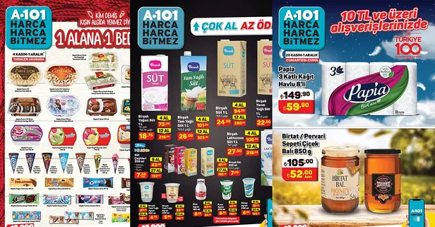Bu hafta aktüelde 3 katlı kağıt havlu 59.90! A101 28 Kasım - 1 Aralık kataloğu yayımlandı! Çiçek balı 52 TL, yağsız süt 4'lüsü 101.90...