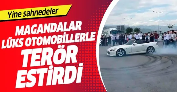 Trabzon’da bir düğün için toplanan lüks otomobilli şahıslar yolu trafiğe kapatarak drift yaptı