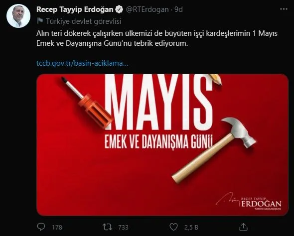 SON DAKİKA: Başkan Erdoğan'dan 1 Mayıs paylaşımı-1