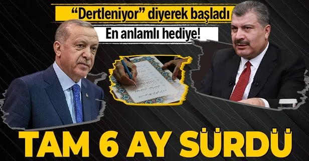 Başkan Erdoğan ve Sağlık Bakanı Fahrettin Koca’ya en anlamlı hediye! El yazması Kur’an-ı Kerim’i tam 6 ayda bitirdi