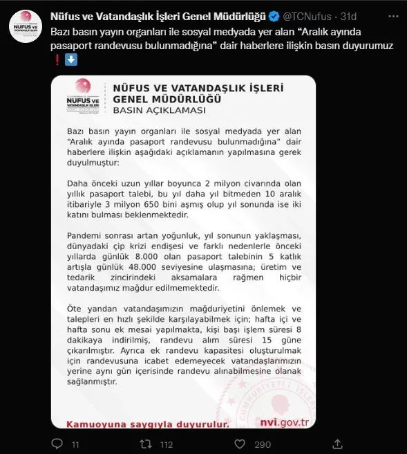 Nüfus ve Vatandaşlık İşleri Genel Müdürlüğünden "Pasaport randevusu bulunmuyor" iddialarına cevap: "Randevu alım süresi 15 güne çıkarıldı"-2