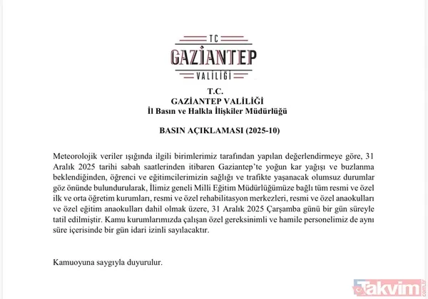 Gaziantep Valiliği'nden Kar Tatili Duyurusu! Valiliğin Sosyal Medya Hesabından Yapılan Paylaşımda 31 Aralık Çarşamba Günü Okulların Tatil Edildiği Aktarılarak...