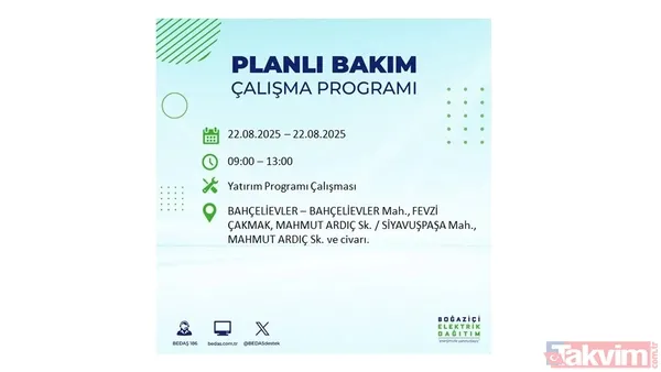 İstanbul'da 19 ilçede elektrik kesintisi! BEDAŞ İLÇE İLÇE listeledi: 22 Ağustos Cuma günü 8 saat yok - 35