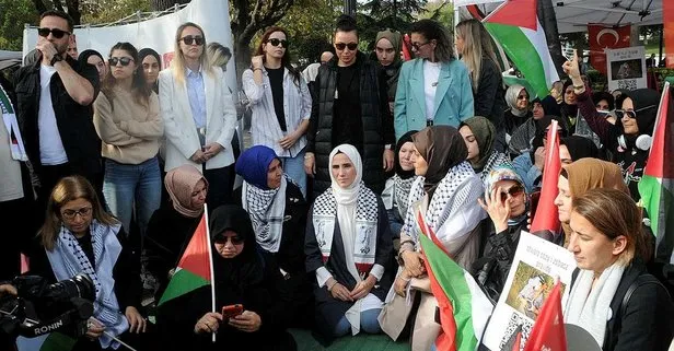 Sümeyye Erdoğan Bayraktar, Filistin için oturma eylemine katıldı: İsrail uluslararası hukuku çiğniyor