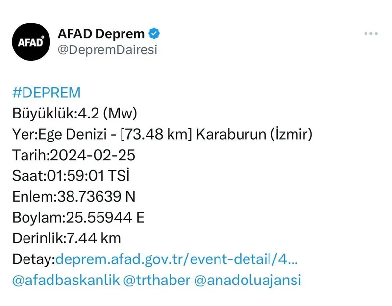 SON DAKİKA I AFAD duyurdu: Ege Denizi'nde 4.2 büyüklüğünde deprem!-1