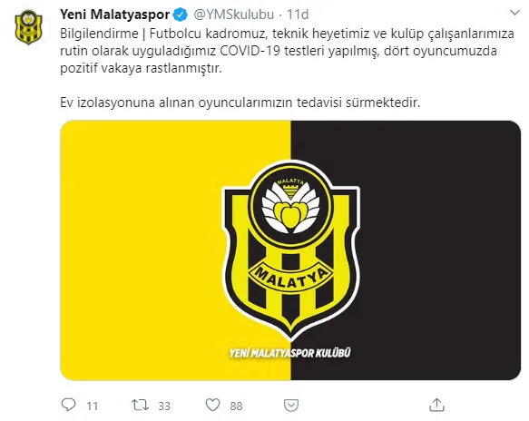 Son dakika haberi... Yeni Malatyaspor 4 futbolcunun koronavirüs testinin pozitif çıktığını açıkladı-1