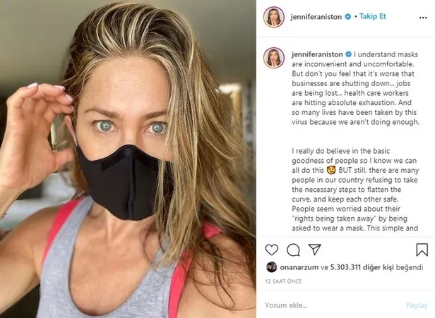Jennifer Aniston'dan çok sert maske uyarısı: "Lanet maskeyi takın"-1