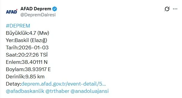 Elazığ’ın Baskil ilçesinde 4,7 büyüklüğünde deprem-2