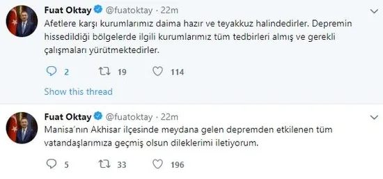 Son dakika: Cumhurbaşkanı Yardımcısı Oktay'dan deprem için "geçmiş olsun" mesajı-1