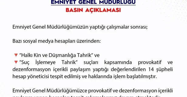 Sosyal medya hesaplarından provokatif paylaşım yapan 14 şüpheli hakkında işlem başlatıldı