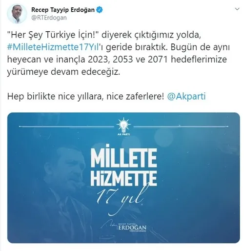 baskan-erdogandan-anlamli-paylasim-millete-hizmette-17-yili-geride-biraktik-1572779500825.jpg Başkan Erdoğan'dan anlamlı paylaşım! "Millete hizmette 17 yılı geride bıraktık"-1