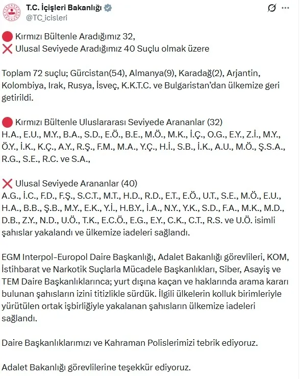 Kırmızı bültenli operasyon: 72 suçlu Türkiye’ye getirildi-3