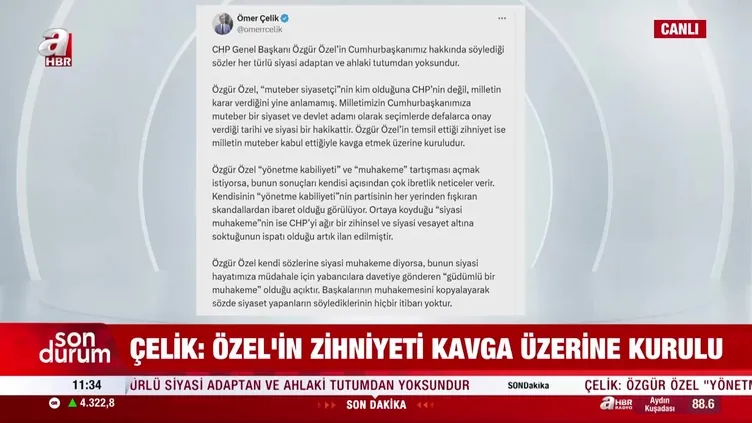 AK Parti Sözcüsü Ömer Çelik’ten Özgür Özel’e tepki: Zihniyeti kavga üzerine kurulu