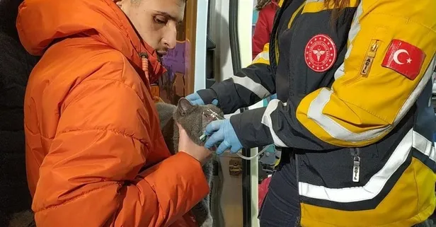 Dumanlar arasında kalan kediyi polisler kurtardı