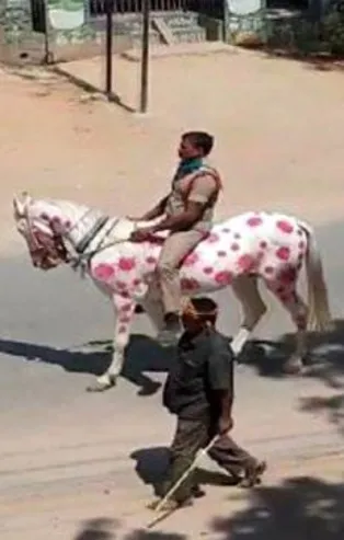 Hindistan polisinden ilginç önlem! Coronavirüs şekli çizdiği atı ile sokaklarda dolaştı...