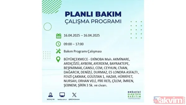 16 Nisan 2025 Bedaş İstanbul Elektrik Kesintisi