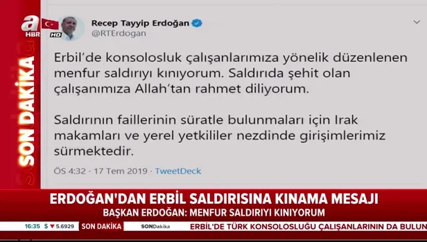 Başkan Erdoğan'dan Erbil'deki saldırıya sert tepki!