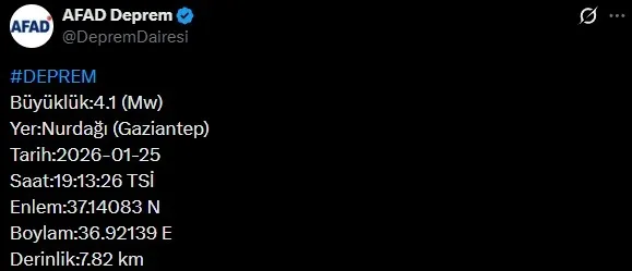 Gaziantep’te 4.1 büyüklüğünde deprem meydana geldi!
