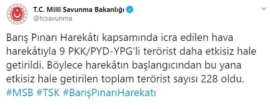 MSB açıkladı: Barış Pınarı Harekatı'nda 228 terörist etkisiz hale getirildi-1