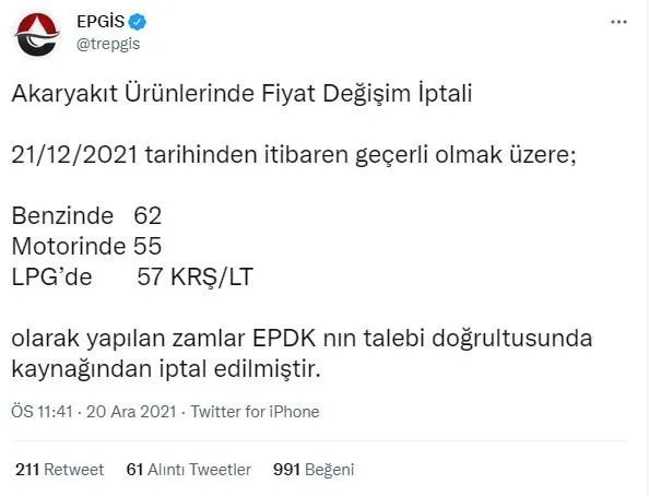 EPDK duyurdu: Dövizde yaşanan düşüş sebebiyle akaryakıta yapılacak artışlar durduruldu-2
