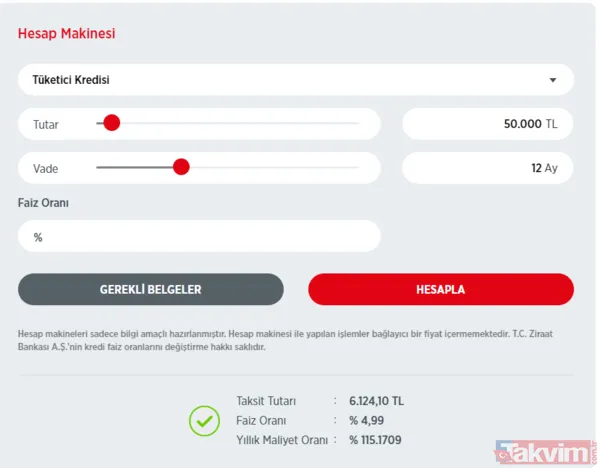 🔵12 AY VADELİ 50 BİN TL İHTİYAÇ KREDİSİ ÖDEME TABLOSU Taksit Tutarı:6.124,10 TL Faiz Oranı:% 4,99