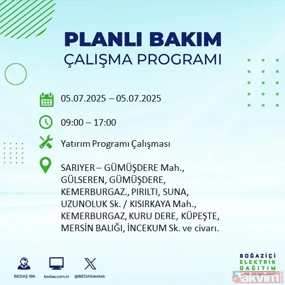 ↪5 Temmuz Cumartesi İstanbul Elektrik Kesintisi