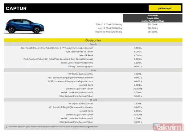 Touch 1.3 Tce Edc 140 Bg 701.000 ₺ Icon 1.3 Tce Edc 140 Bg 746.000 ₺ Rs Line 1.3 Tce Edc 155 Bg 781.000 ₺
