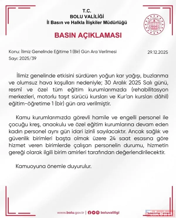 📍 Bolu Yoğun Kar Yağışı Ve Yollarda Oluşabilecek Buzlanma Tehlikesi Nedeniyle Bolu Genelindeki Tüm Resmi Ve Özel Okullarda Eğitime Bir Gün Süreyle Ara Verildi...