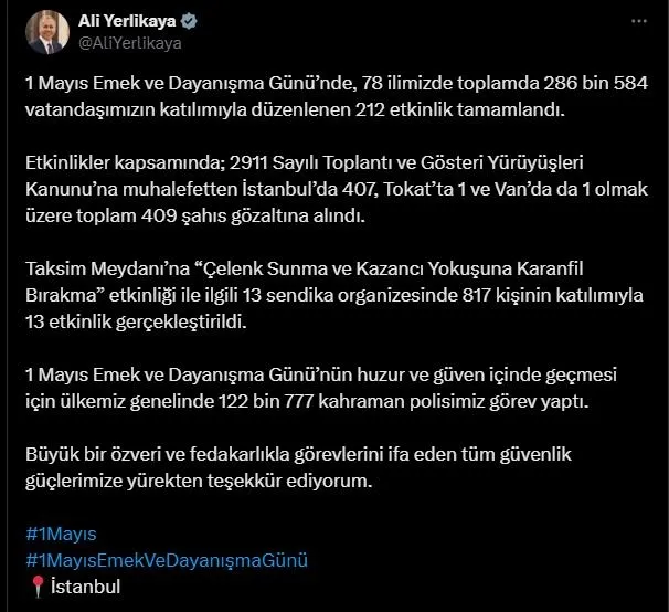 Bakan Yerlikaya'nın paylaşımı (Sosyal medya)