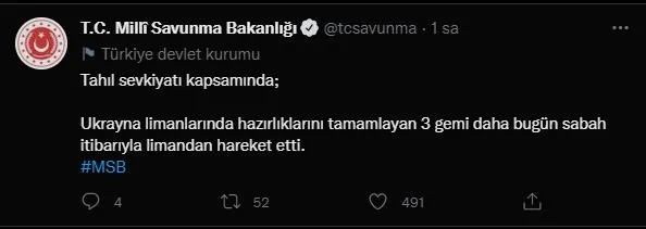 MSB duyurdu: Tahıl sevkiyatı kapsamında 3 gemi daha Ukrayna'dan hareket etti-1