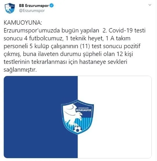 Spor Kuluplerinden 11 Koronavirus Vakasi Tespit Edilen Erzurumspor A Gecmis Olsun Mesaji Takvim
