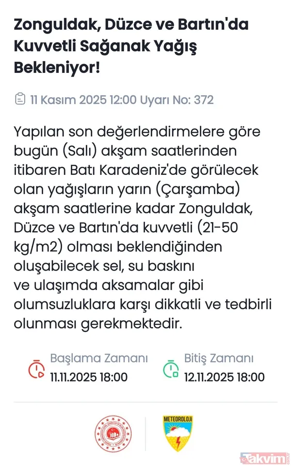 Zonguldak, Düzce ve Bartın'da Kuvvetli Sağanak Yağış MGM'den yapılan son değerlendirmelere göre bugün (Salı) akşam saatlerinden itibaren Batı Karadeniz'de...
