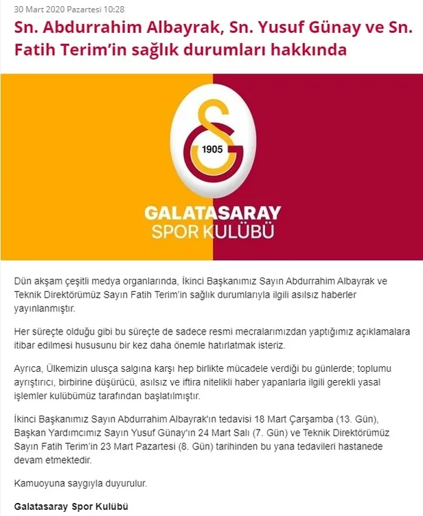 Son dakika: Galatasaray'dan Fatih Terim ve Abdurrahim Albayrak hakkında flaş açıklama! Taburcu oldular mı?-2