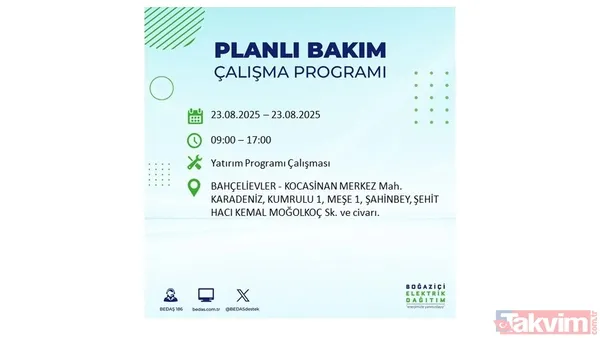 📌23 Ağustos Cumartesi İstanbul'da Elektrik Kesintisi Yaşanacak İlçeler