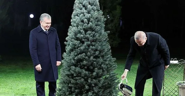 Başkan Erdoğan ile Özbekistan Cumhurbaşkanı Mirziyoyev dostluk ağacı dikti