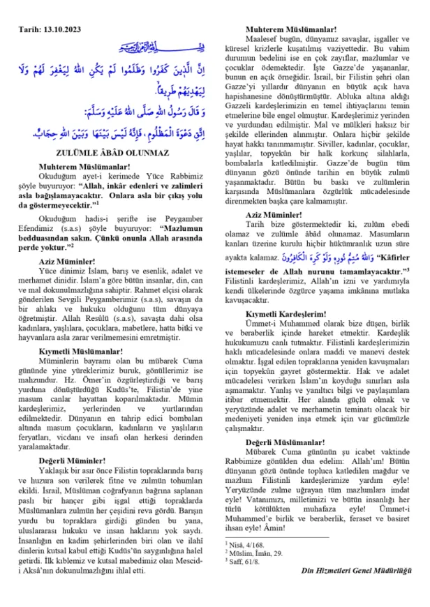 CUMA HUTBESİ KONUSU 🤲 13 Ekim 2023 Diyanet CUMA HUTBESİ PDF metni ve konusu! "İsrail, Müslüman coğrafyanın bağrına saplanan..."-3