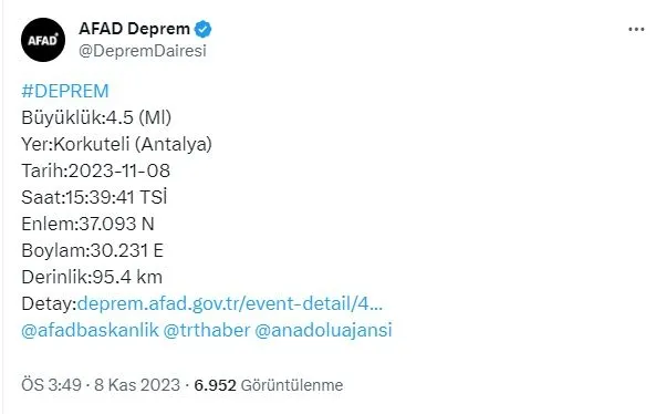 Son dakika Antalya Korkuteli'de deprem! Muğla, Denizli, Isparta, Aydın, Mersin az önce deprem mi oldu? 8 Kasım 2023 AFAD-KANDİLLİ son depremler listesi!-3