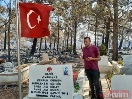 SON DAKİKA: Mersin Silifke’deki orman yangınında mezarlık zarar görürken şehidin kabri ve Türk bayrağı yanmadı