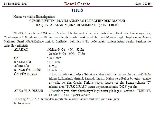 Cumhuriyet'in 100. yıl dönümü için basılan 5 liralık hatıra paralara ilişkin düzenleme Resmi Gazete'de-1