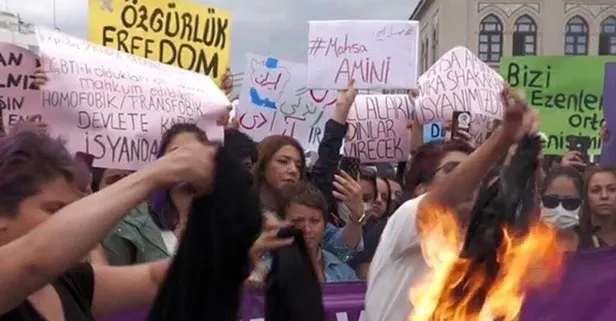 Kadıköy’de çirkin provokasyon! Özgürlük diye bağırıp çarşaf ve başörtüsü yaktılar